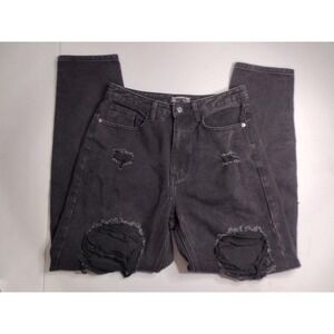 PrettyLittleThing Mom Jeans Black Distressed Ripped Denim Size US 6‎